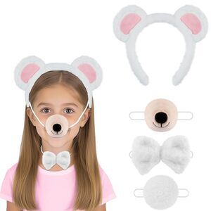 8975 White Bear Costume Set 4pcs With Ears Headband Nose Bow